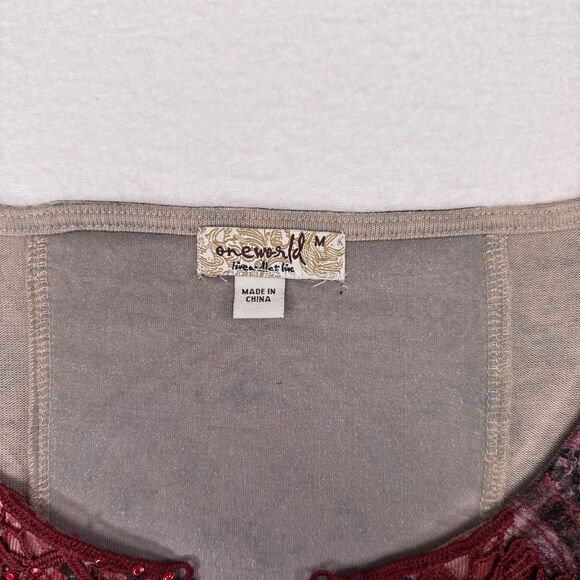 One World Tunic Top Medium‎ Red Blouse Boho Studded Embroidered Floral - Picture 6 of 10